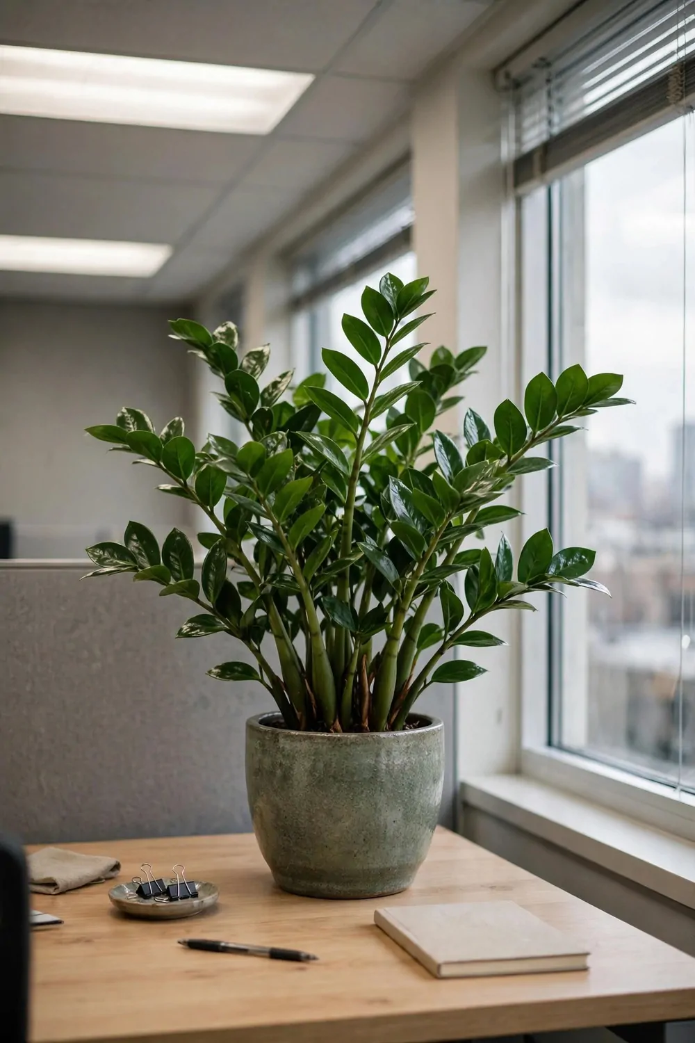 21 Office Set up at Work Hacks for a Cleaner, Smarter Desk 17 A healthy green potted plant with glossy leaves in a grey-green pot on a light wood office desk near large windows under bright ceiling lights, with a small notebook and pen on the desk.