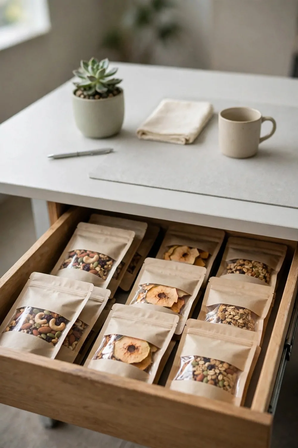 21 Office Set up at Work Hacks for a Cleaner, Smarter Desk 18 An open wooden office desk drawer filled with neat rows of plain snack packs with clear windows showing mixed nuts, granola, and dried apple slices, with a small succulent, mug, and pen on the desk above.