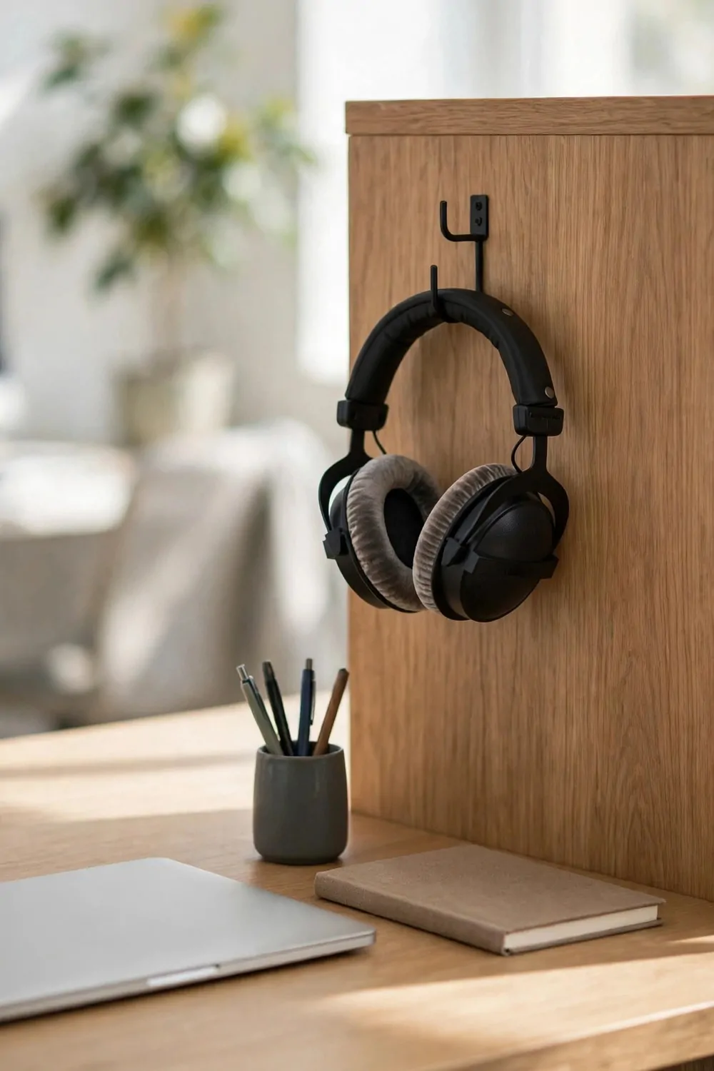 21 Office Set up at Work Hacks for a Cleaner, Smarter Desk 19 Black over-ear headphones hanging on a small black hook on the wooden side panel of a tidy office desk, with a closed laptop, a pen holder with pens, and a closed notebook on the desk below.