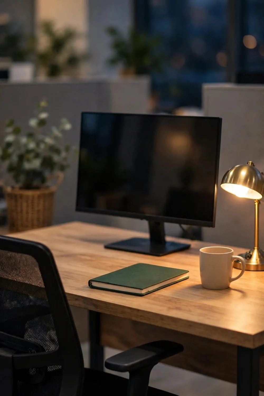 21 Office Set up at Work Hacks for a Cleaner, Smarter Desk 20 A tidy office desk in the evening with a switched-off monitor, a black office chair pushed in, a closed green notebook, a mug, and a warm desk lamp switched on.