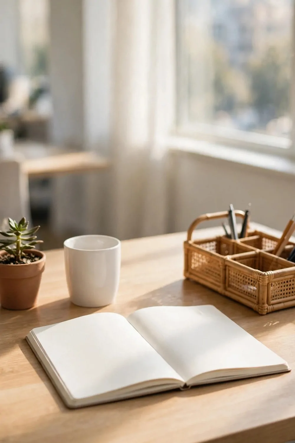 21 Office Set up at Work Hacks for a Cleaner, Smarter Desk 21 A clean office desk in soft morning light with an open notebook with blank pages, a white mug, a small potted succulent, and a rattan desk organizer near a bright window.
