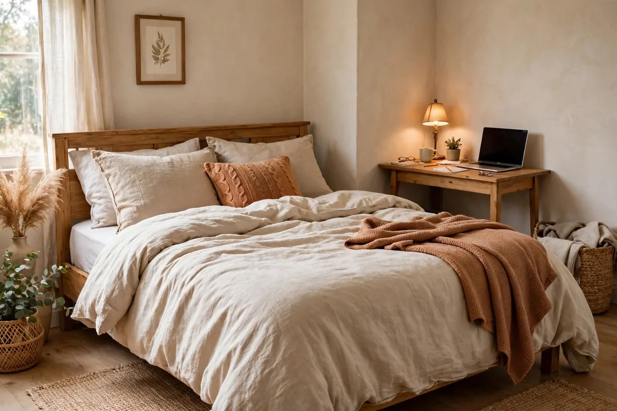 21 Office Space in Bedroom Setups That Don't Feel Cramped 1 A bedroom with a large bed taking up most of the room and a small wooden desk tucked in the corner, laptop and lamp on the desk