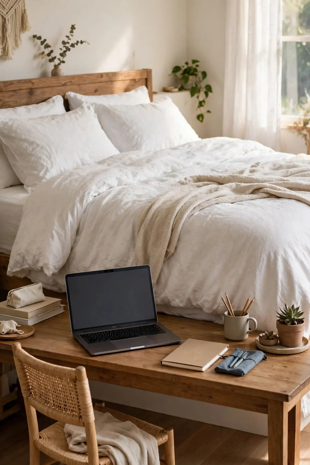 21 Office Space in Bedroom Setups That Don't Feel Cramped 2 A wooden desk at the foot of a bed with white bedding, laptop and notebook on the desk, small chair