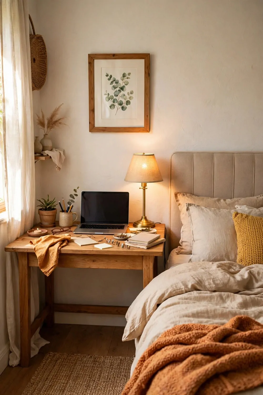 21 Office Space in Bedroom Setups That Don't Feel Cramped 3 A desk against the wall beside a bed headboard, laptop, warm lamp and framed picture on the wall above