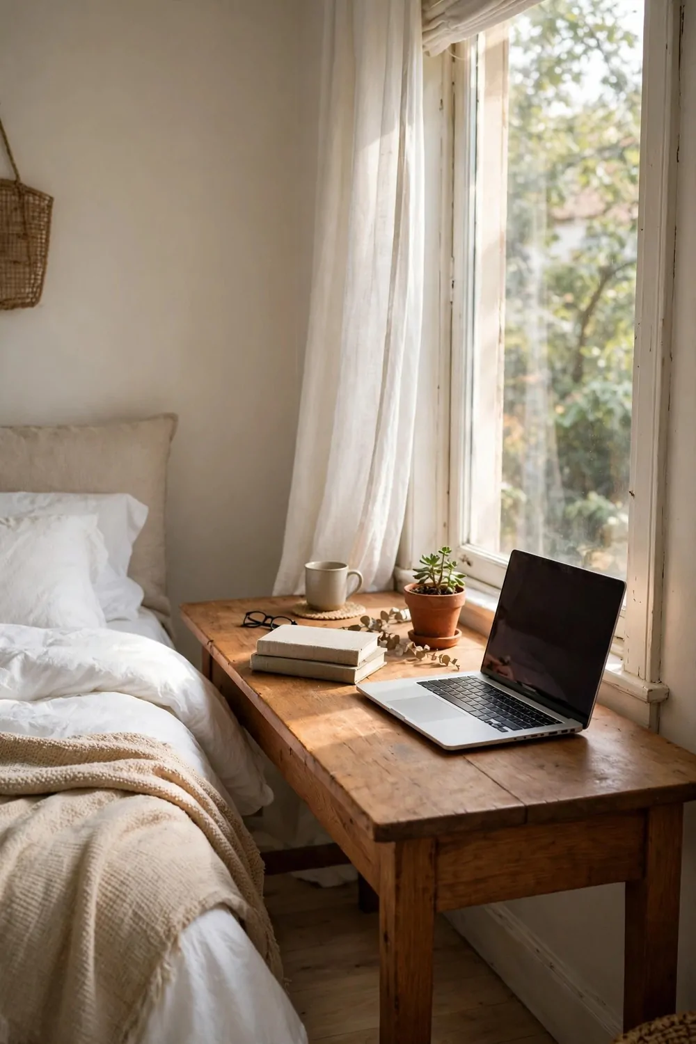 21 Office Space in Bedroom Setups That Don't Feel Cramped 4 A desk beside a bedroom window with daylight falling across it, laptop, small plant and bed nearby