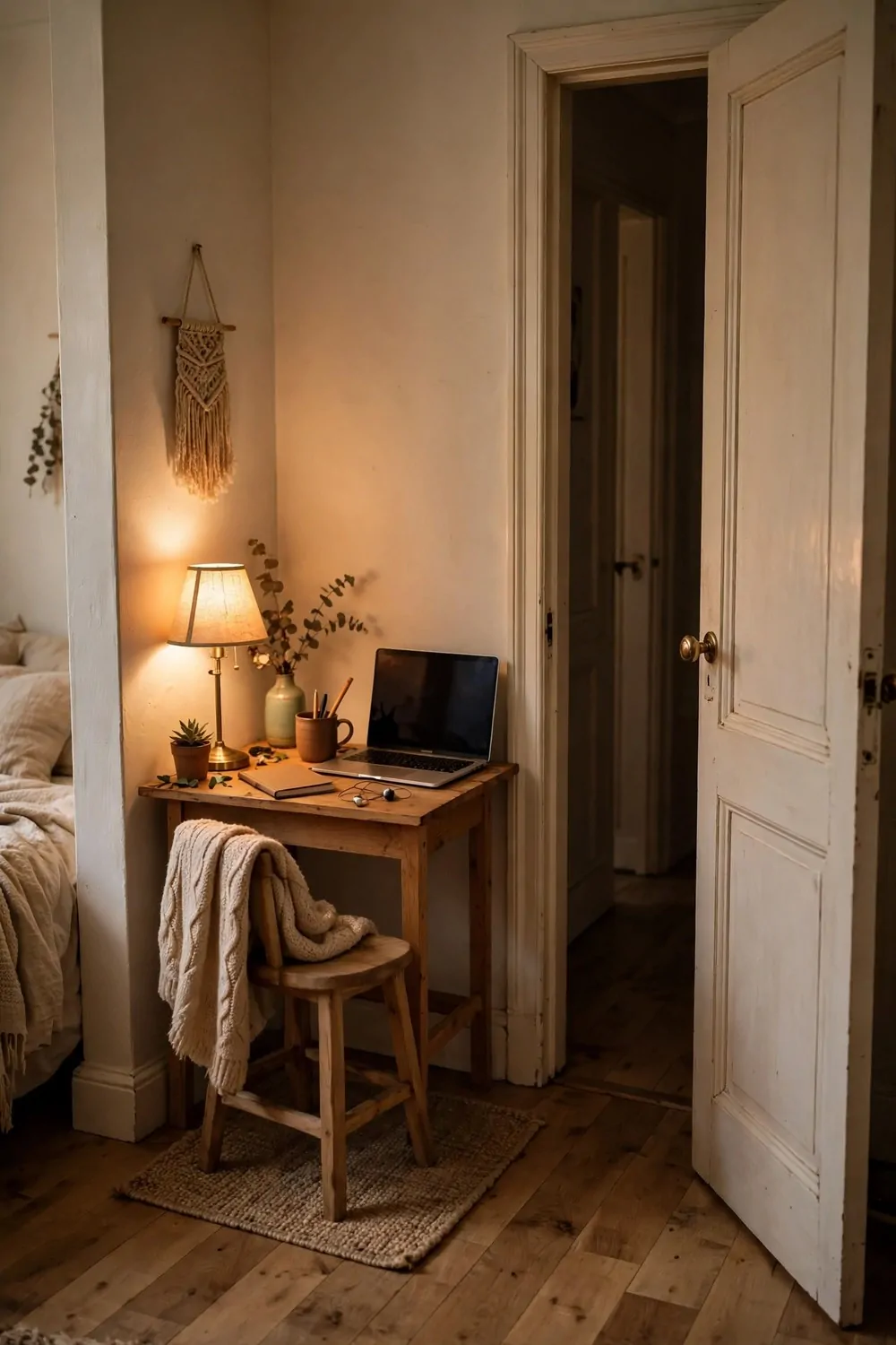21 Office Space in Bedroom Setups That Don't Feel Cramped 5 A small wooden desk tucked in the corner by a bedroom door, laptop, stool and small rug under the desk