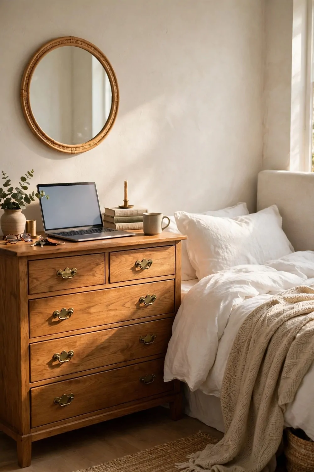 21 Office Space in Bedroom Setups That Don't Feel Cramped 6 A wooden dresser with a laptop on top used as a desk, mirror above it and bed beside it
