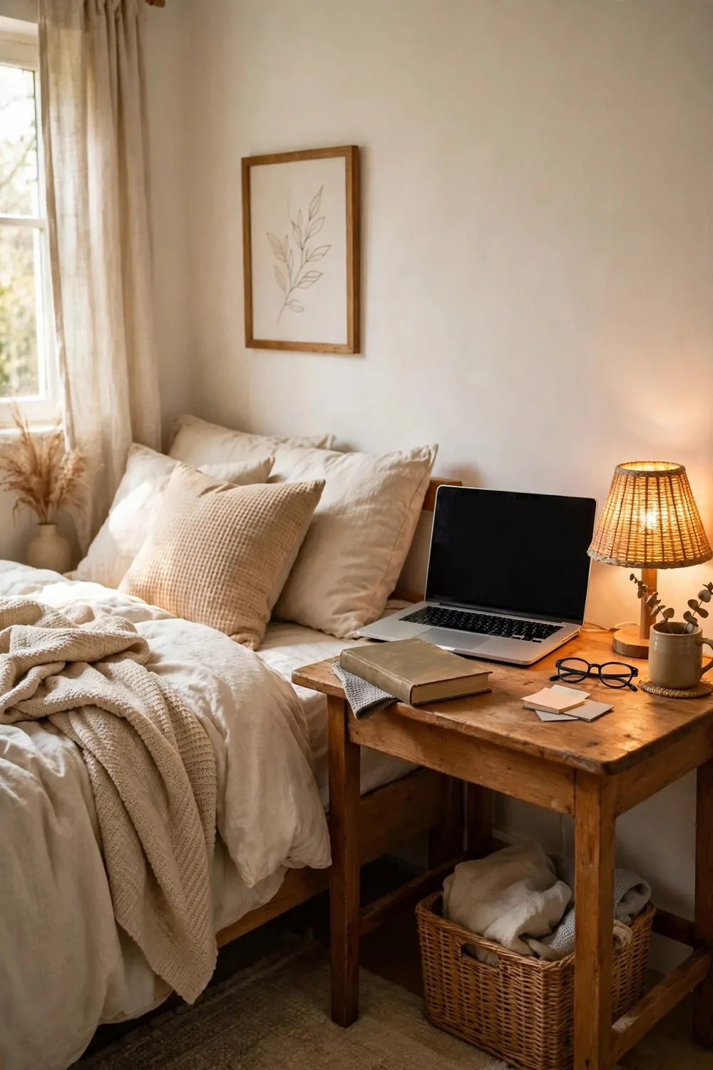 21 Office Space in Bedroom Setups That Don't Feel Cramped 7 A small bedside table used as a mini desk, laptop, warm lamp and book, bed beside it