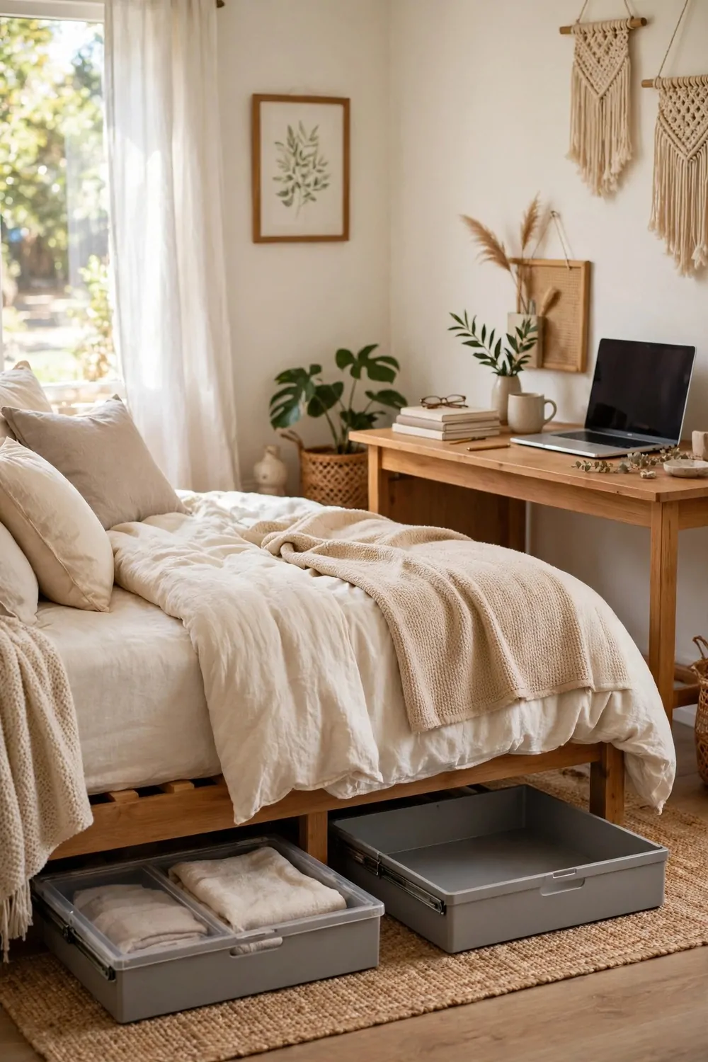 21 Office Space in Bedroom Setups That Don't Feel Cramped 8 Low flat storage boxes sliding out from under a bed, desk with laptop nearby in a tidy bedroom