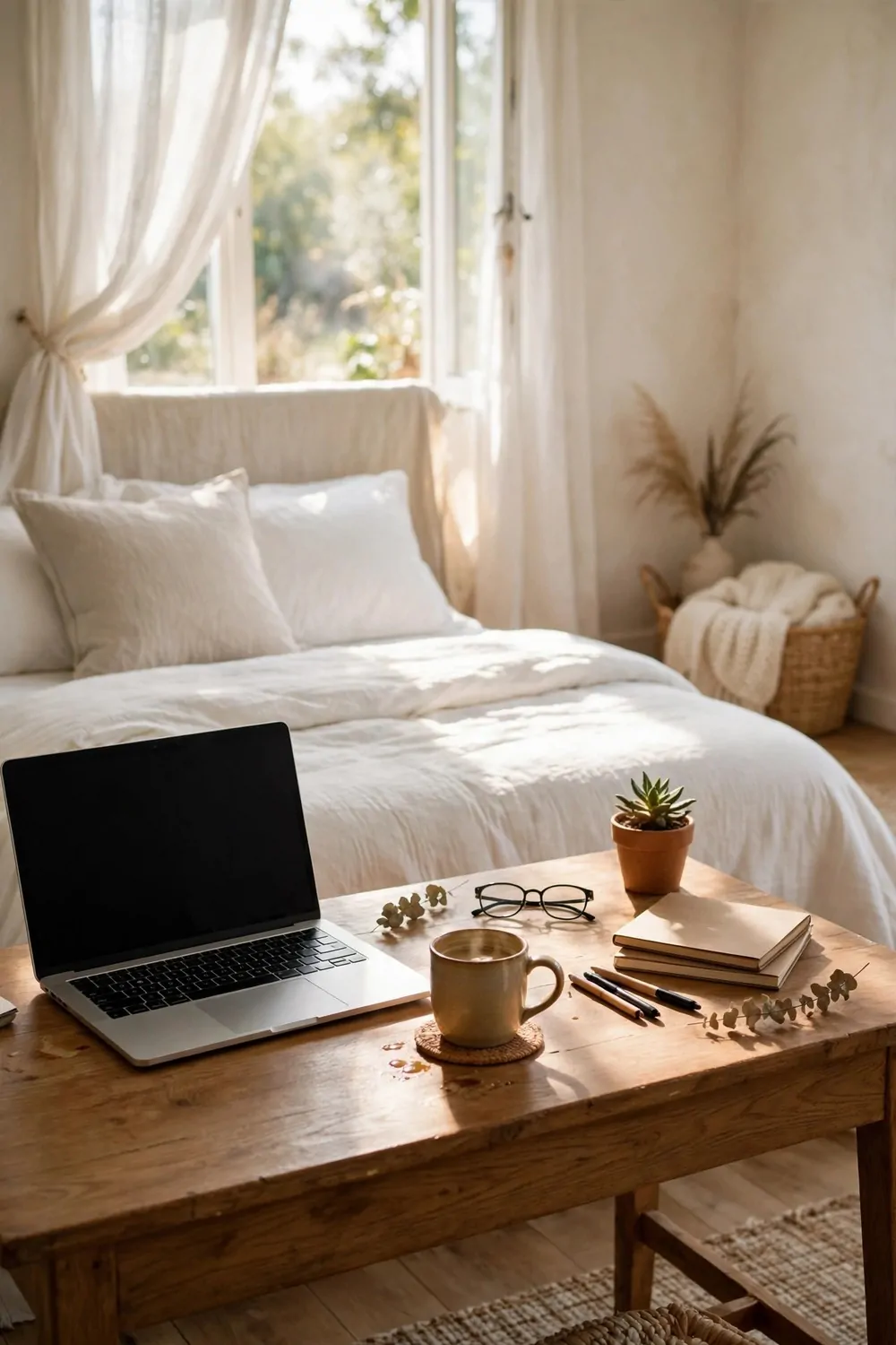 21 Office Space in Bedroom Setups That Don't Feel Cramped 9 A bedroom desk in bright morning sunlight, laptop, mug and freshly made bed with white bedding behind it