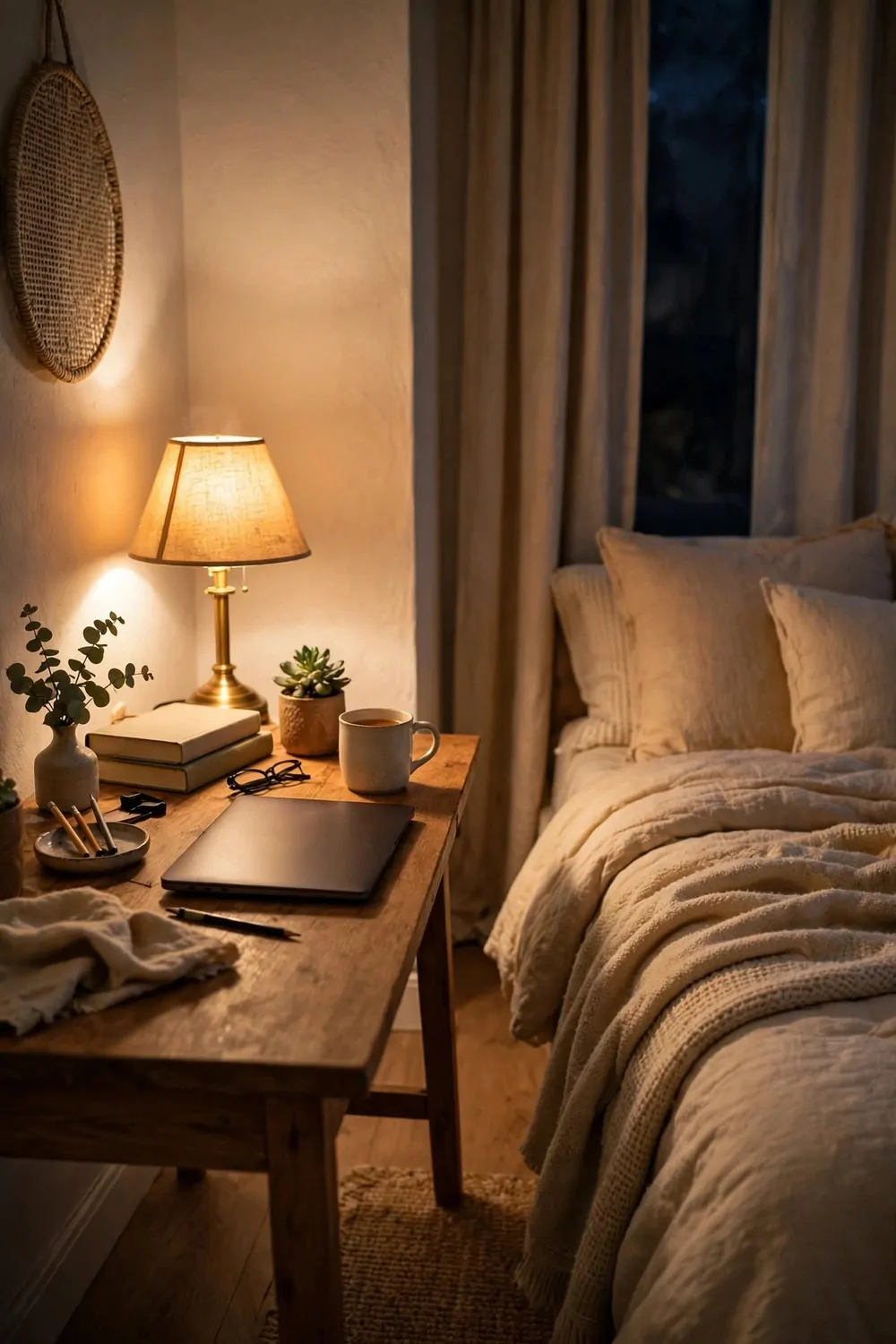 21 Office Space in Bedroom Setups That Don't Feel Cramped 10 A bedroom desk at night with warm lamp glow, closed laptop and bed with soft blanket nearby