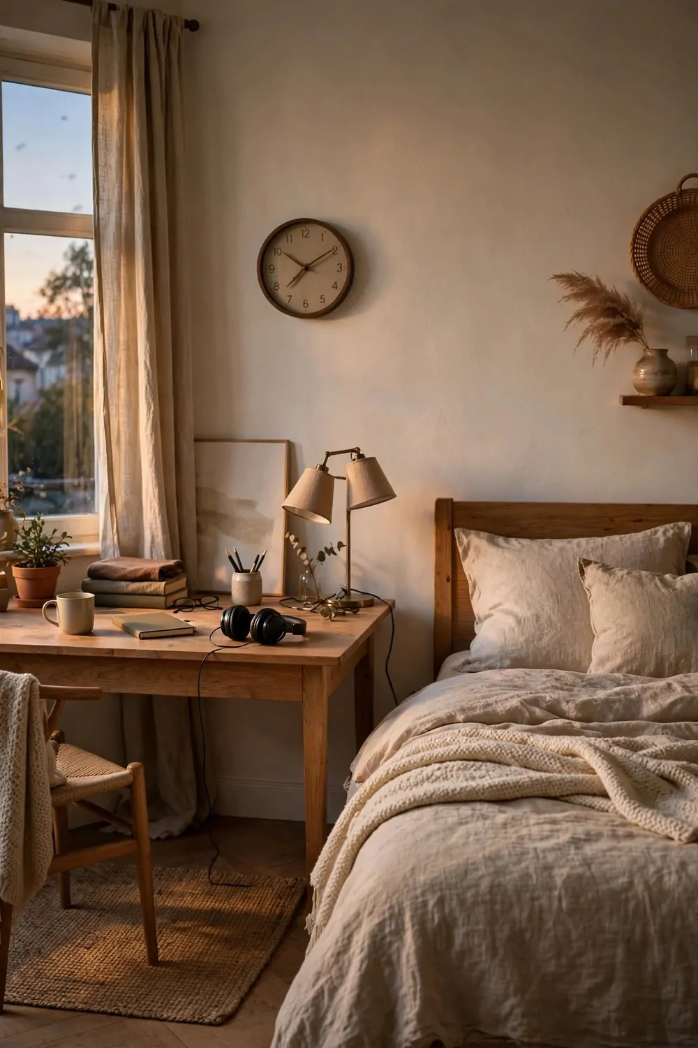 21 Office Space in Bedroom Setups That Don't Feel Cramped 11 A bedroom with a desk and a bed, headphones resting on the desk, wall clock and quiet evening light