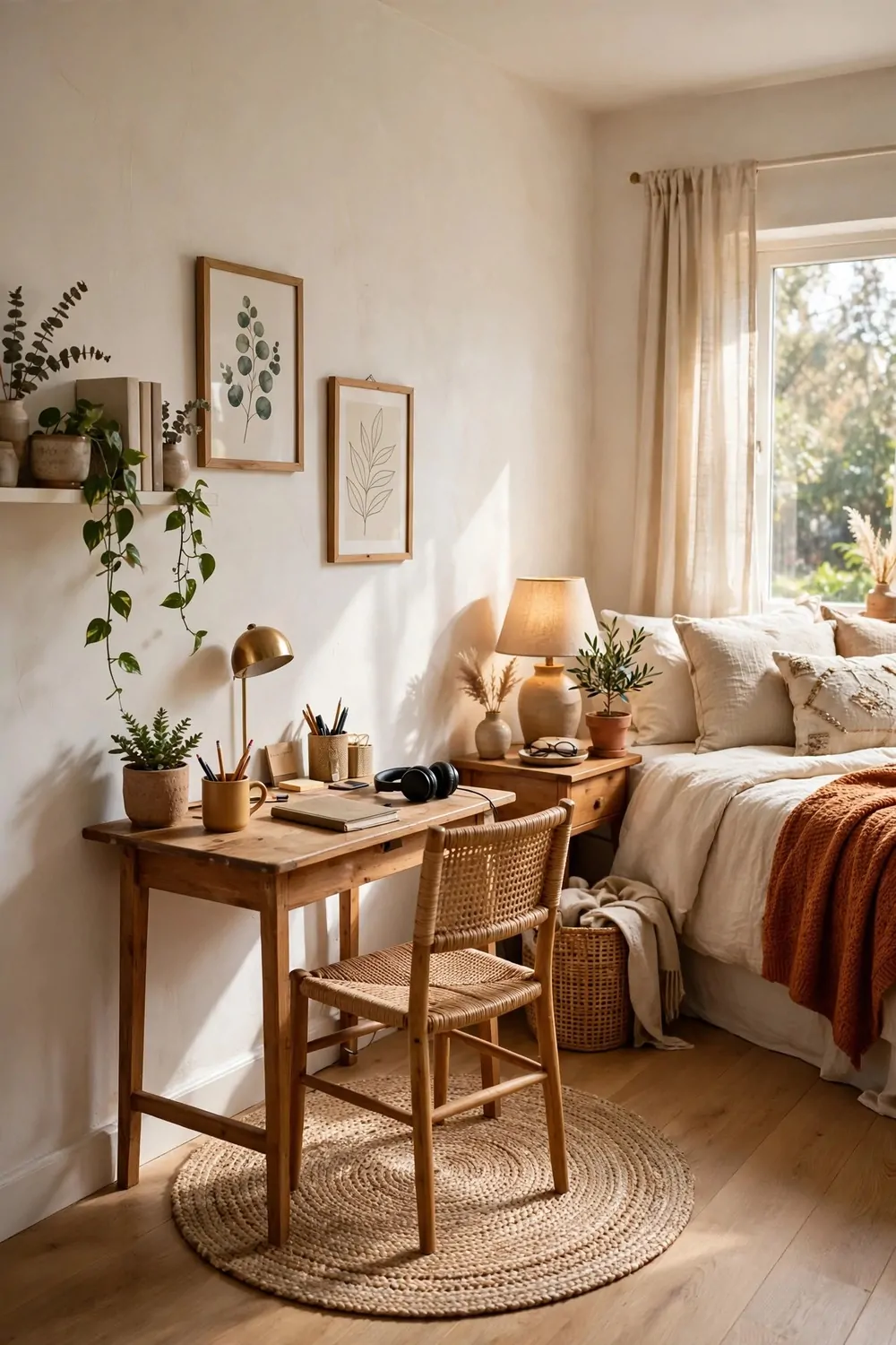 21 Office Space in Bedroom Setups That Don't Feel Cramped 12 A bedroom with a round rug under a small desk marking the work zone, bed on the other side of the room