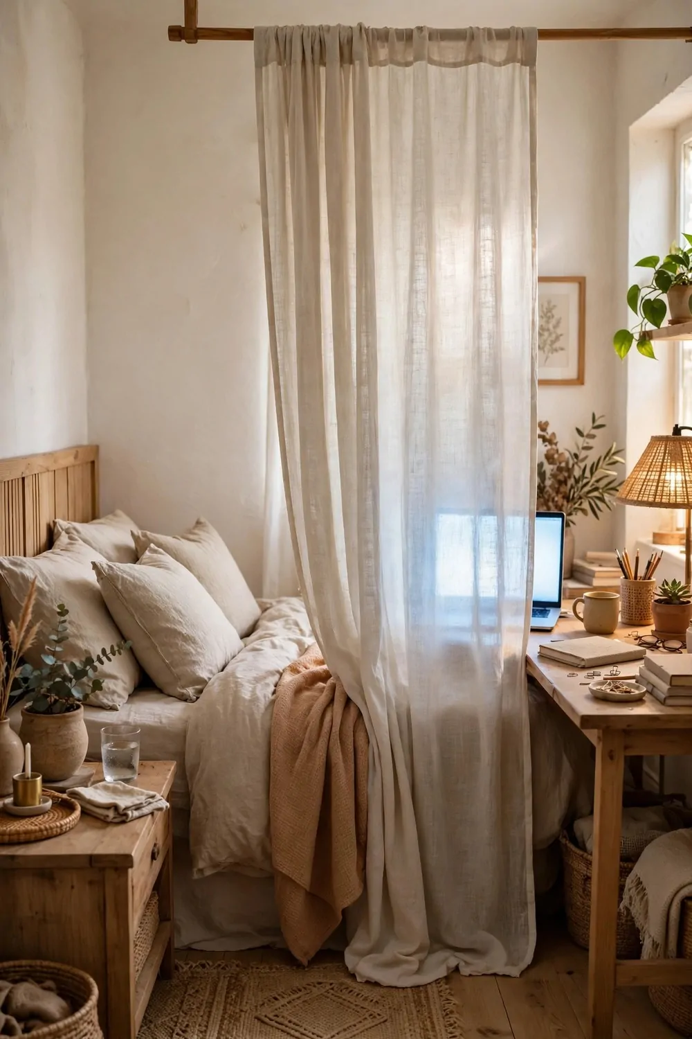 21 Office Space in Bedroom Setups That Don't Feel Cramped 13 A bedroom with a pale linen curtain hanging between the bed and the desk, laptop glowing behind the curtain