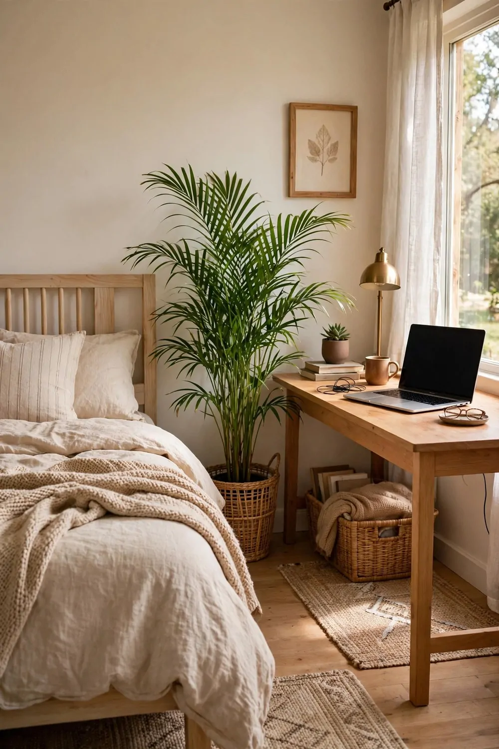 21 Office Space in Bedroom Setups That Don't Feel Cramped 14 A bedroom with a tall green potted plant standing between the bed and the desk, laptop on the desk
