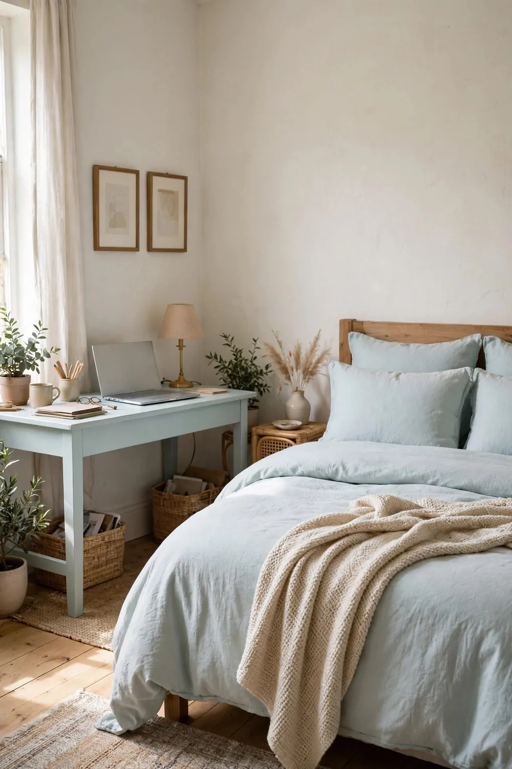 21 Office Space in Bedroom Setups That Don't Feel Cramped 15 A bedroom desk painted the same soft pale colour as the bedding, laptop, lamp and matching cushions on the bed