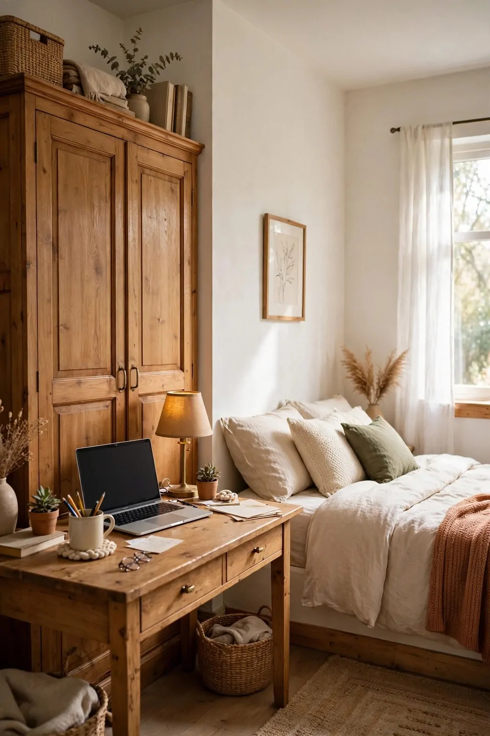 21 Office Space in Bedroom Setups That Don't Feel Cramped 16 A bedroom with a tall wardrobe on one wall and a wooden desk beside it, laptop and lamp on the desk