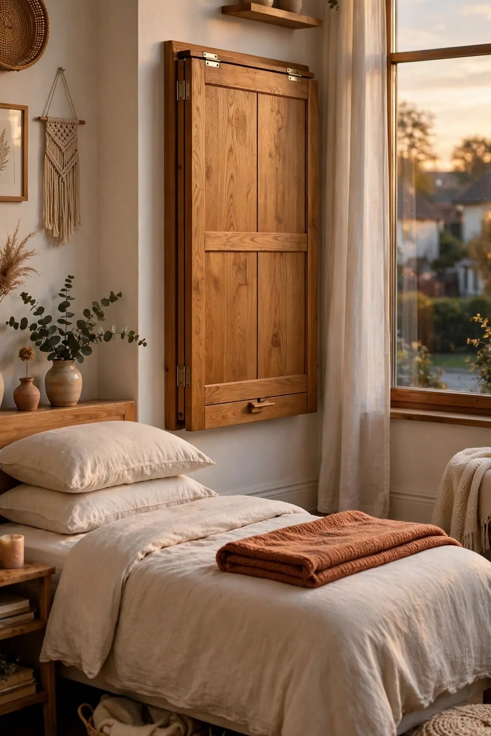 21 Office Space in Bedroom Setups That Don't Feel Cramped 17 A bedroom with a wooden fold-down desk folded flat vertically against the wall, bed neatly made and soft evening light