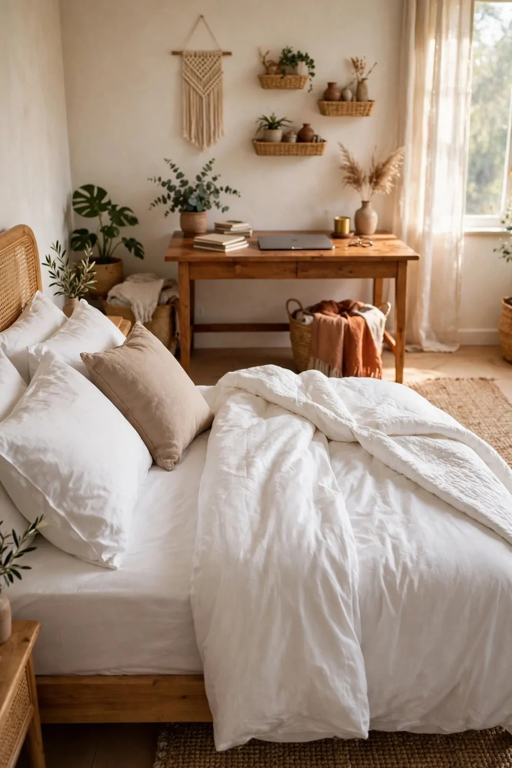 21 Office Space in Bedroom Setups That Don't Feel Cramped 18 A freshly made bed with white bedding and a closed laptop sitting on the desk across the room, not on the bed