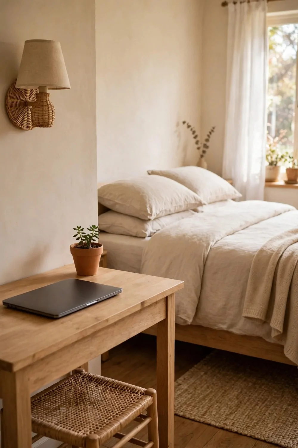 21 Office Space in Bedroom Setups That Don't Feel Cramped 19 A tidy bedroom desk with a completely cleared surface, closed laptop, small plant and freshly made bed nearby