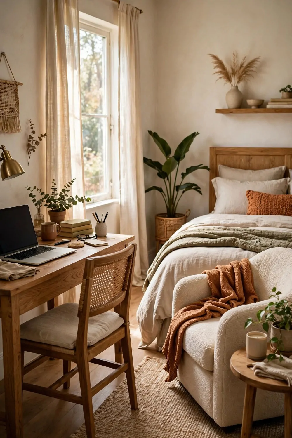 21 Office Space in Bedroom Setups That Don't Feel Cramped 20 A bedroom with two chairs, one at the desk and one soft chair by the bed, laptop on the desk