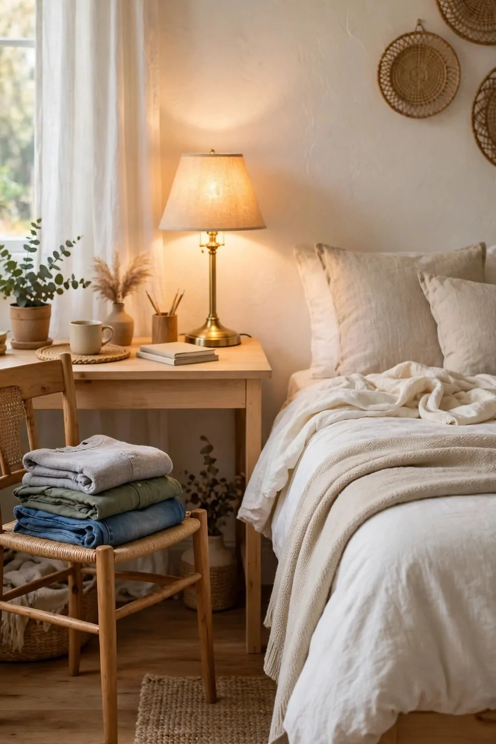 21 Office Space in Bedroom Setups That Don't Feel Cramped 21 A bedroom with a wooden chair holding neatly folded clothes beside the desk, tidy bed and warm lamp