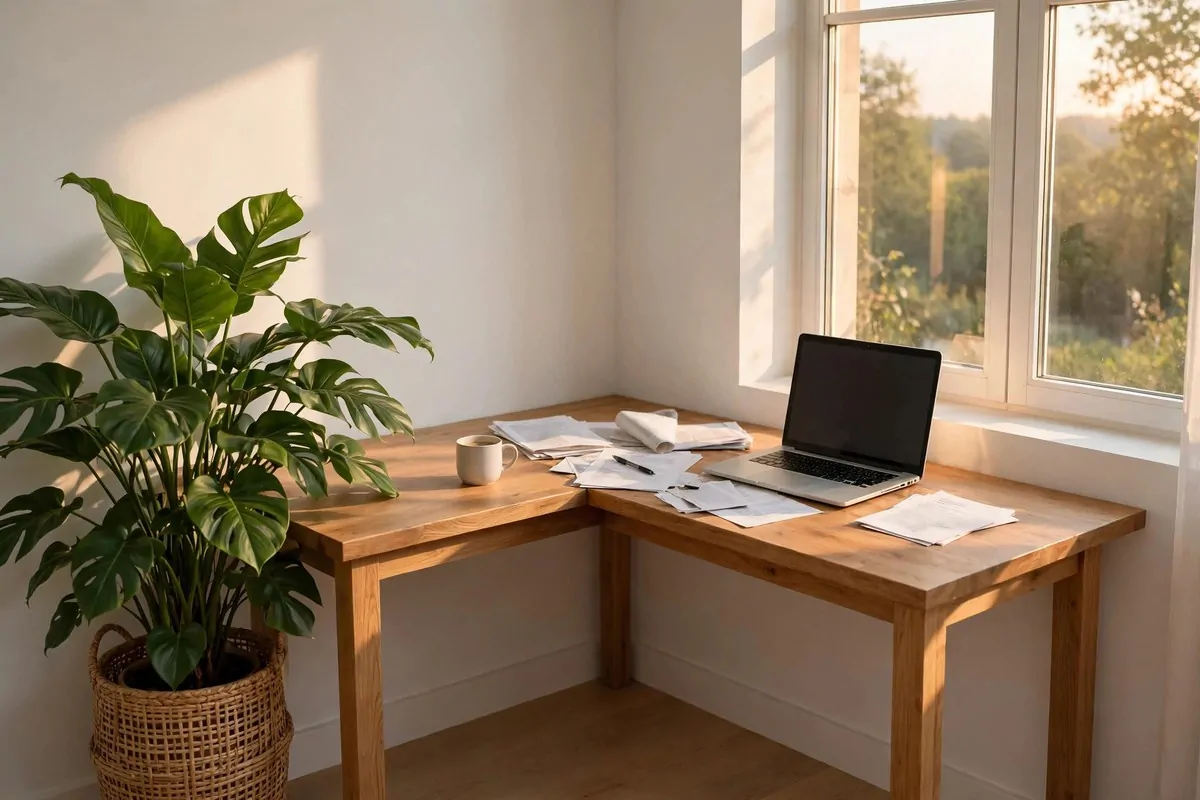 L-shaped desk tucked into a bright corner with a leafy plant and warm window light