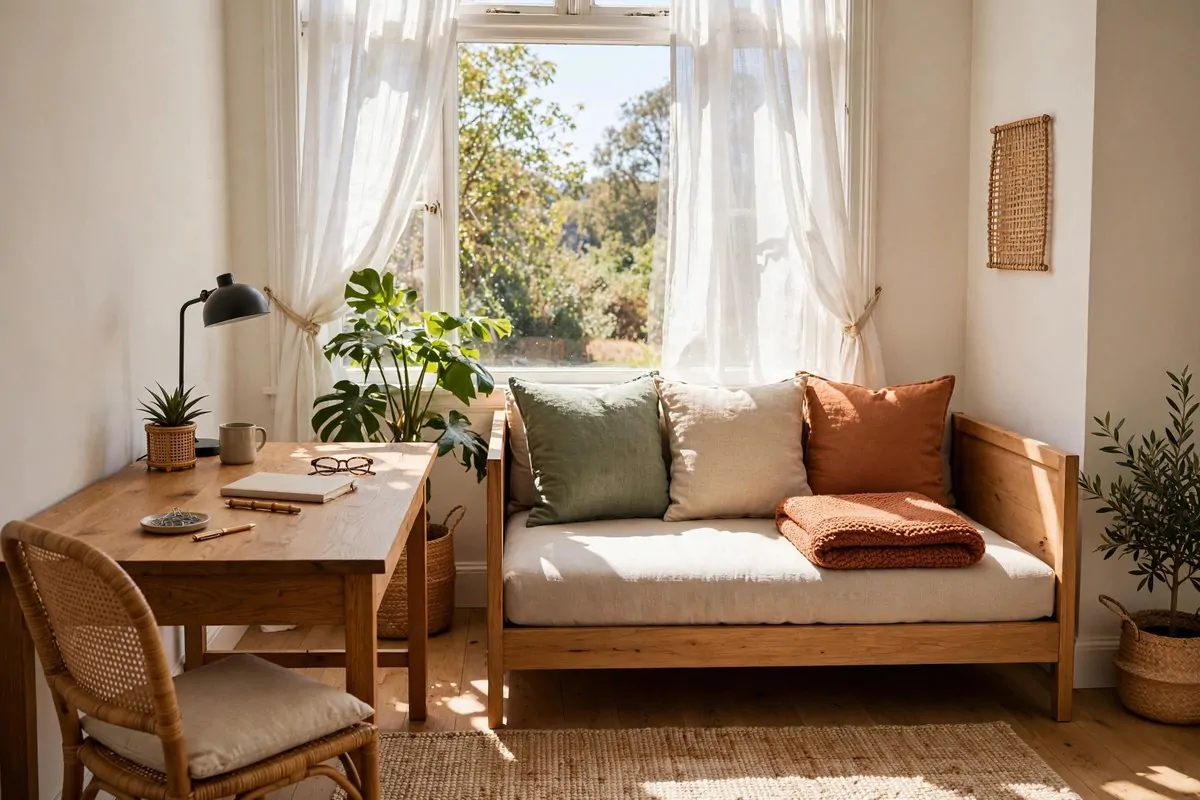 Office corner with a desk beside a styled daybed covered in cushions and a folded throw blanket