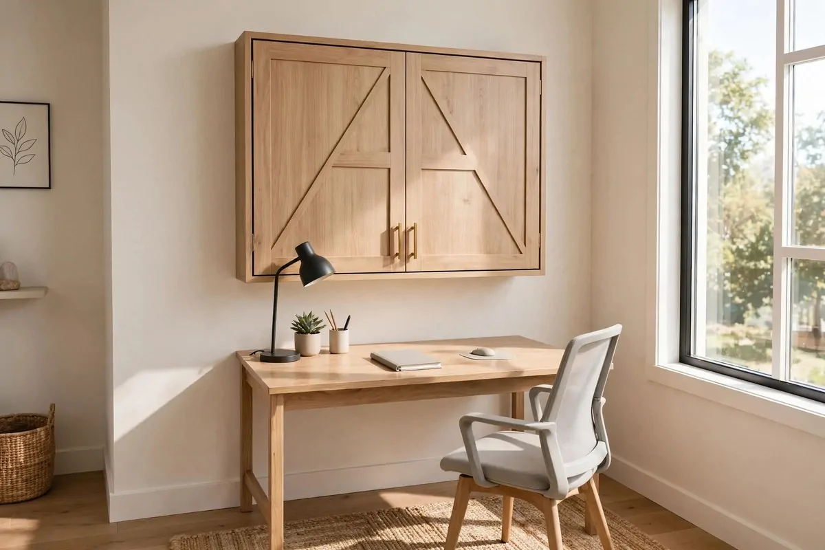 Folded wall bed cabinet behind a tidy desk, office workspace clear and open in daylight