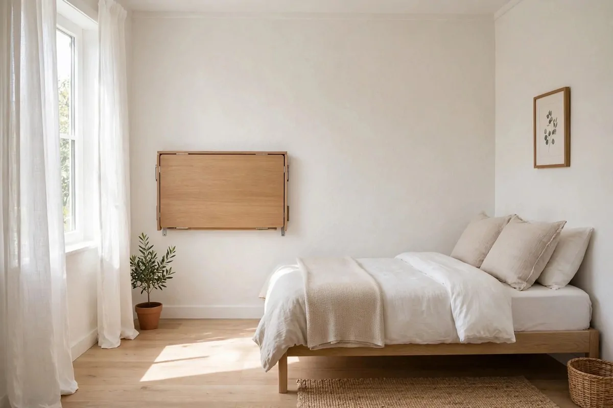 Wall-mounted desk folded flat against the wall with an open guest bed and clear floor in a small room