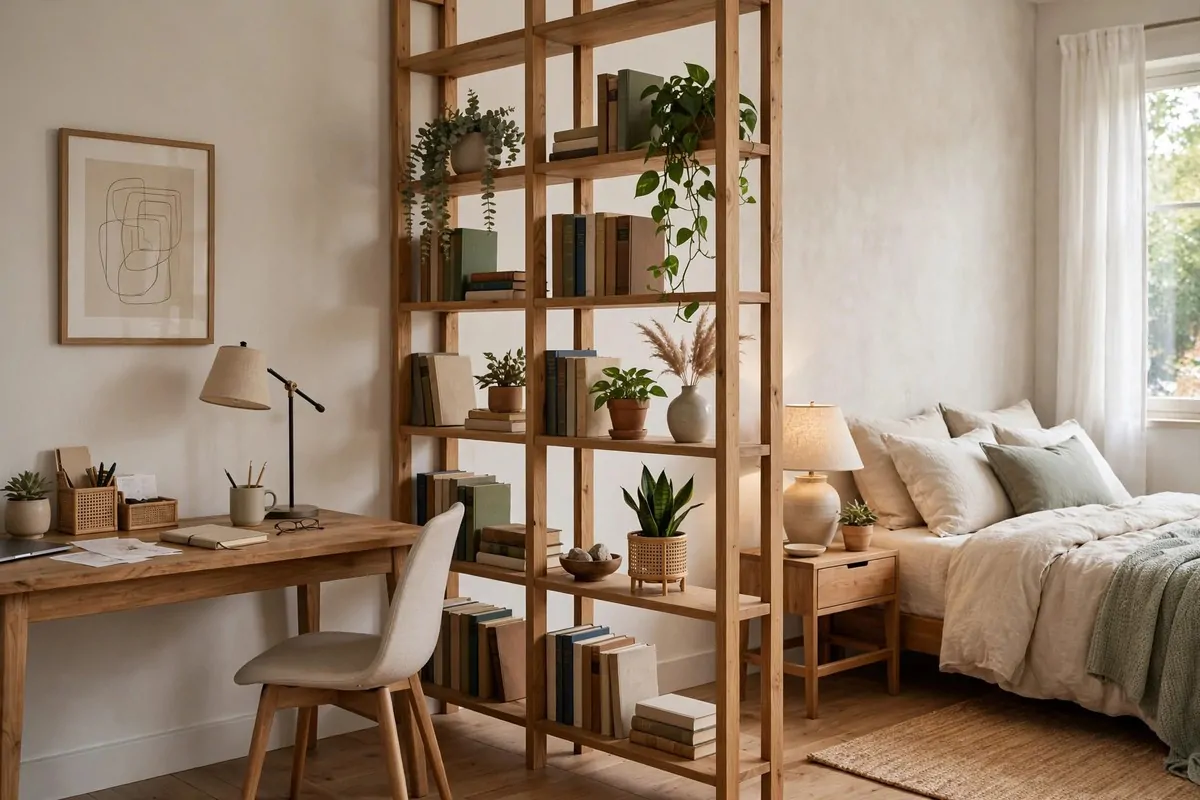 Open wooden bookcase dividing a desk work area from a sleeping area in a small bedroom