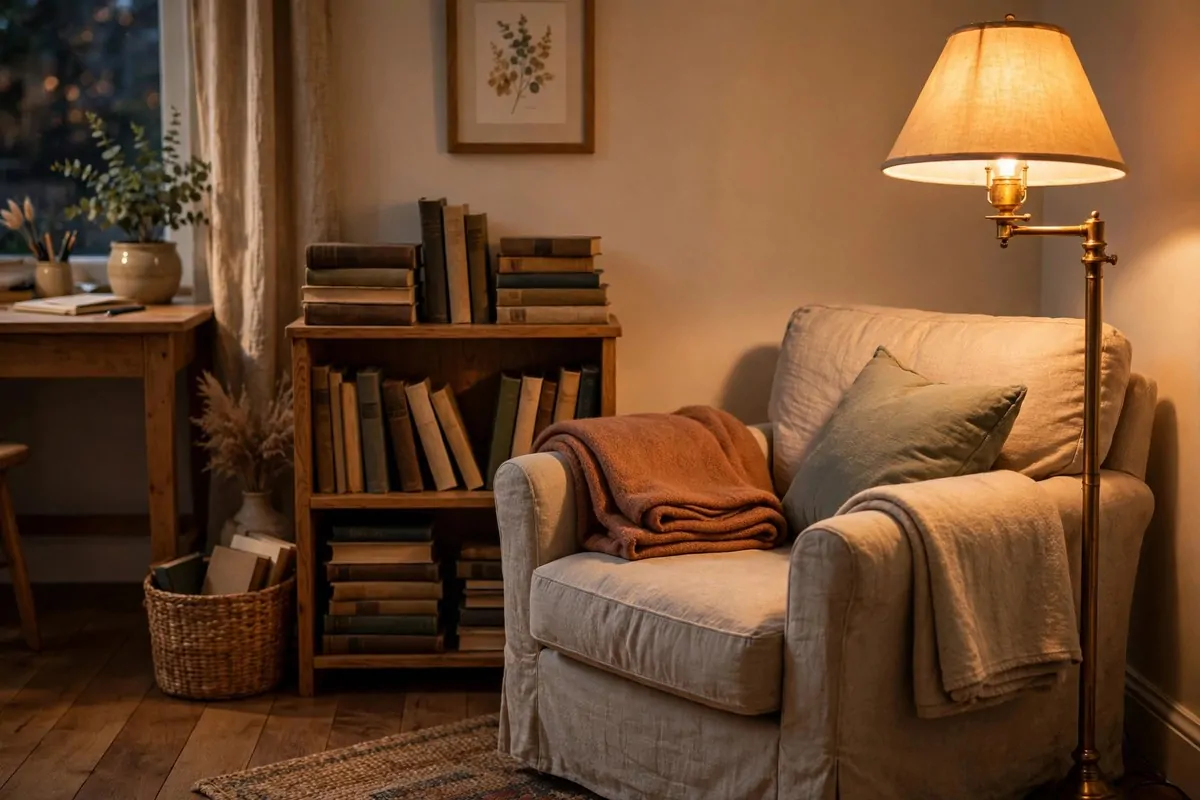 Cozy reading corner with an armchair, brass floor lamp, small bookshelf and folded throw