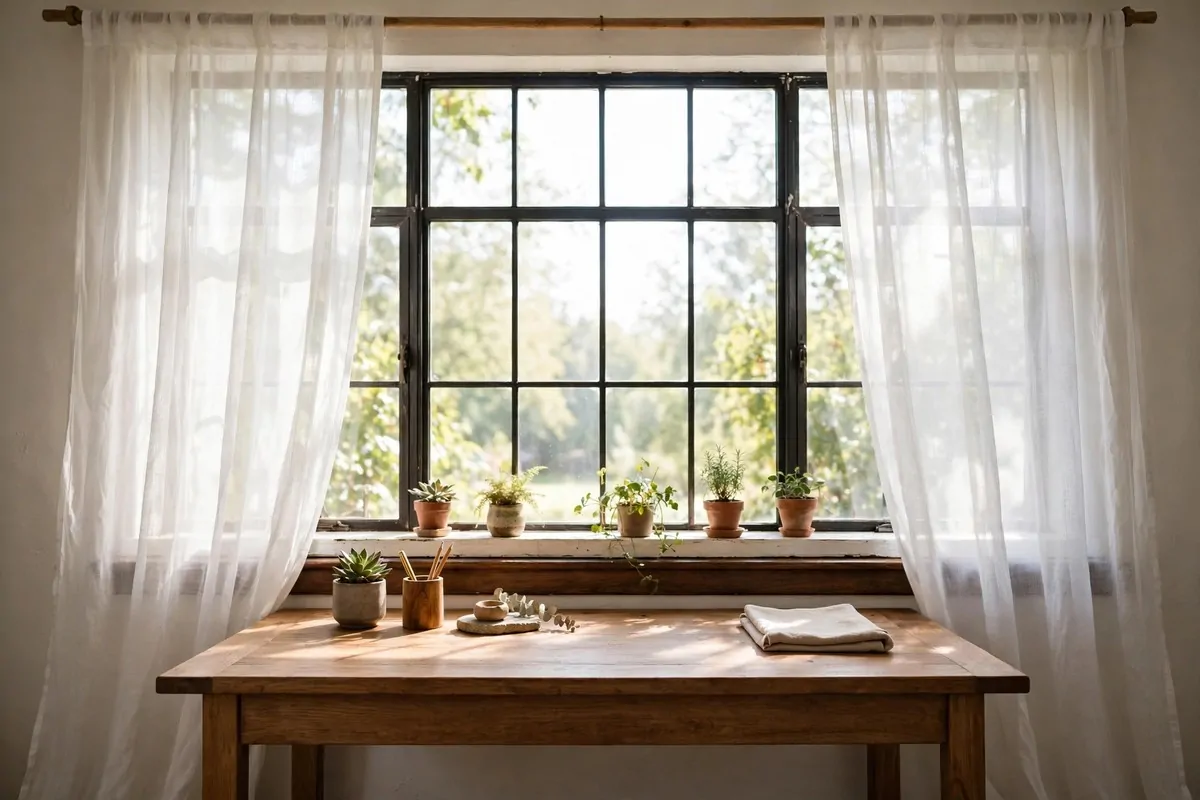 Wooden desk placed under a large window with sheer curtains and small potted plants on the sill