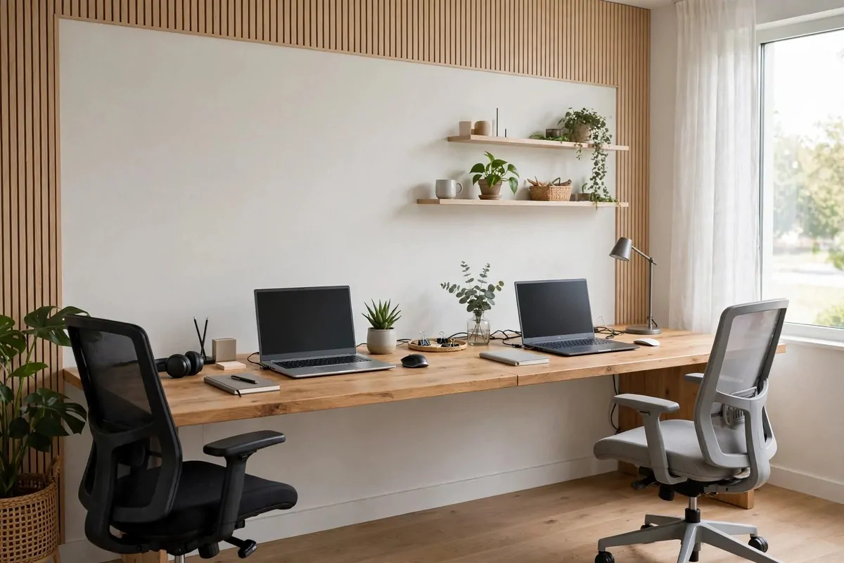 Extra-long desk with two chairs and two laptop setups facing the same wall