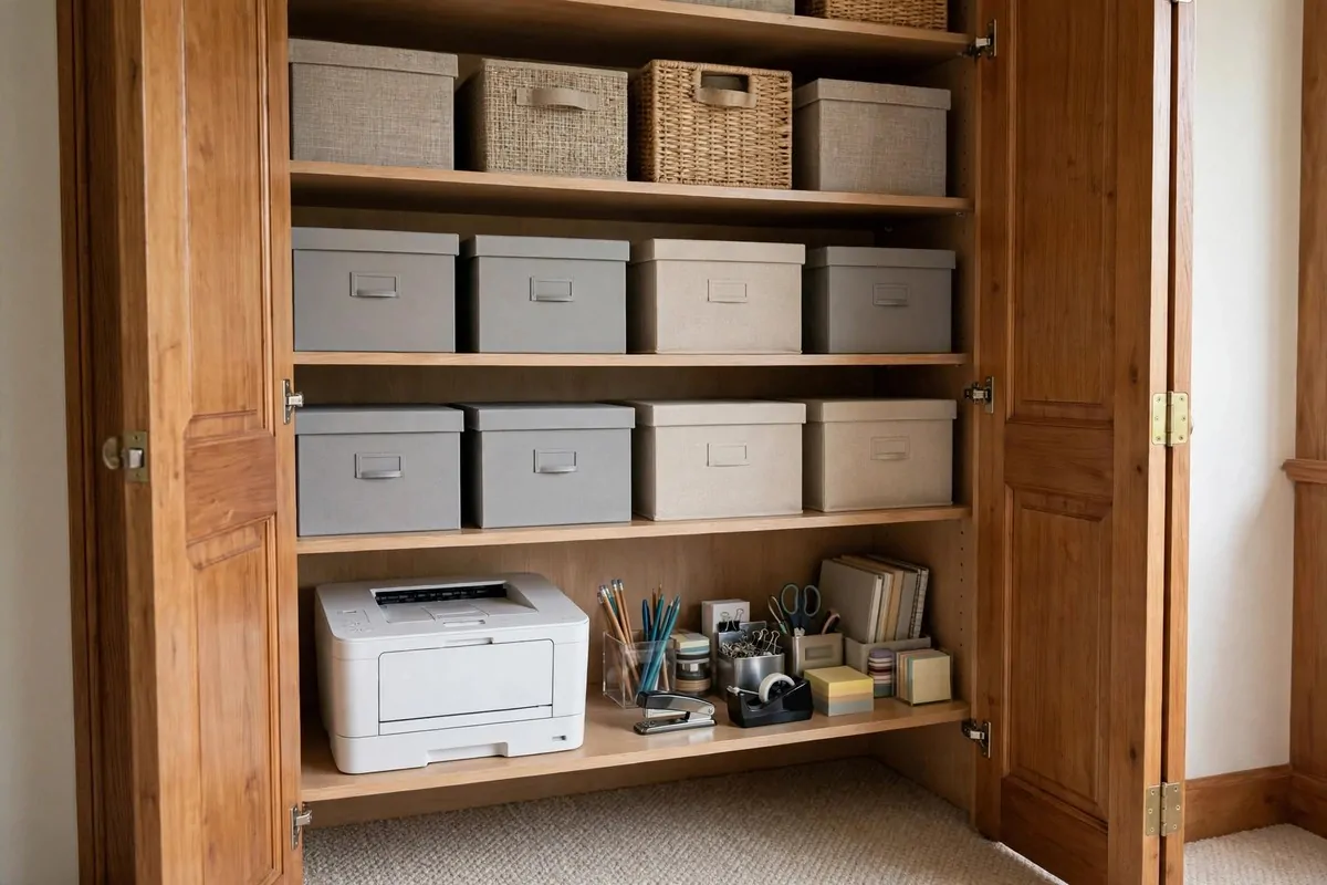 Bedroom closet with shelves holding labeled storage boxes, a printer and office supplies, doors open