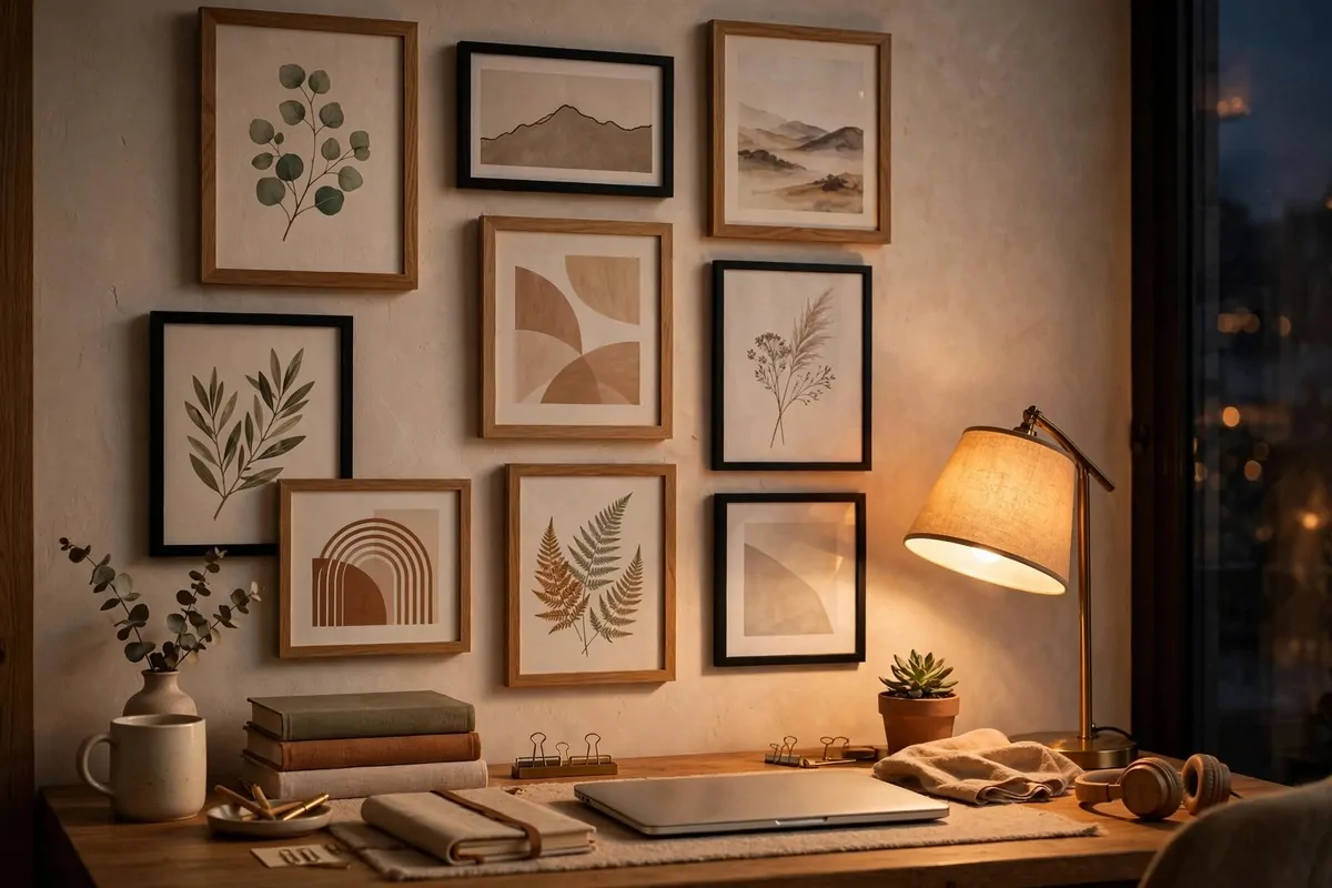Desk with a curated gallery wall of framed prints and art behind it, warm lamp glow