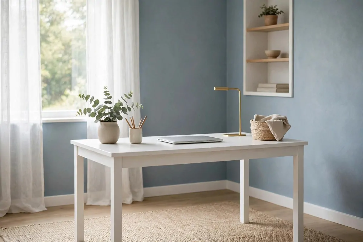 Home office with soft blue-gray walls, white desk, beige rug and calm minimal decor