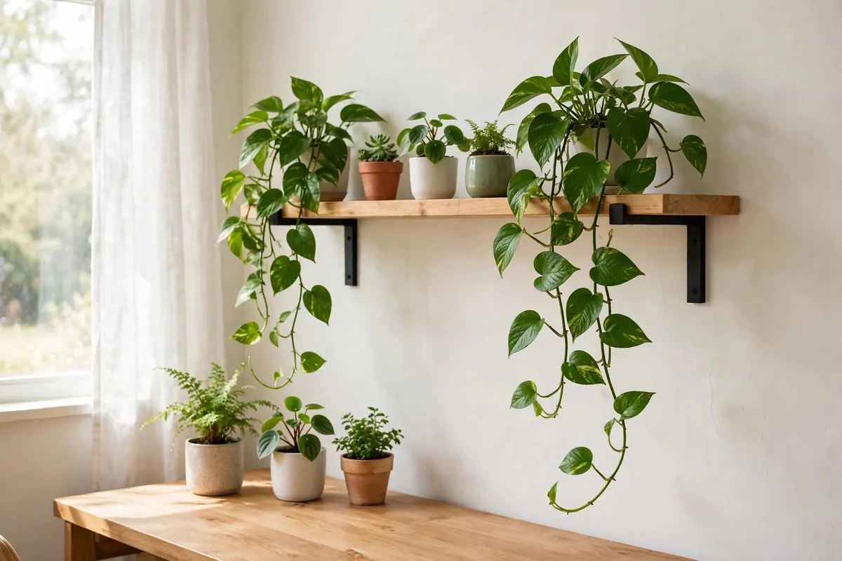 Wall-mounted shelf above a desk with trailing pothos and small potted plants in daylight