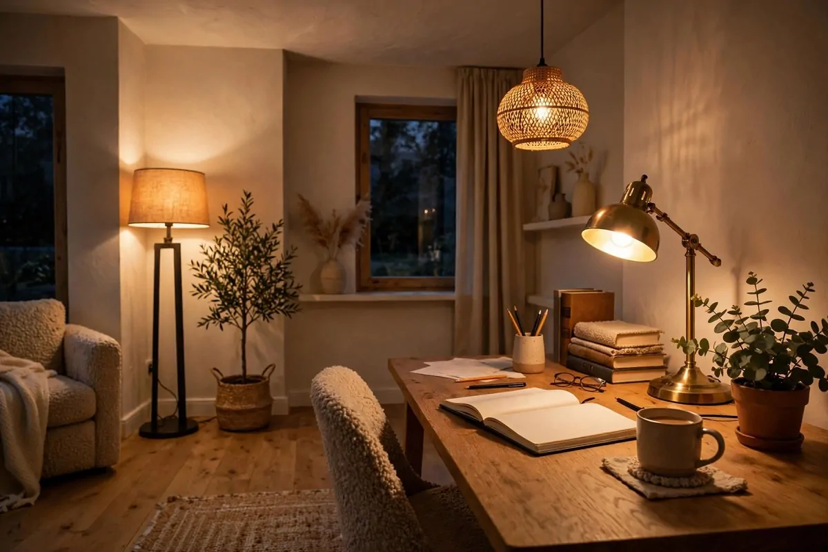 Evening home office with desk lamp, floor lamp and pendant light all glowing warm
