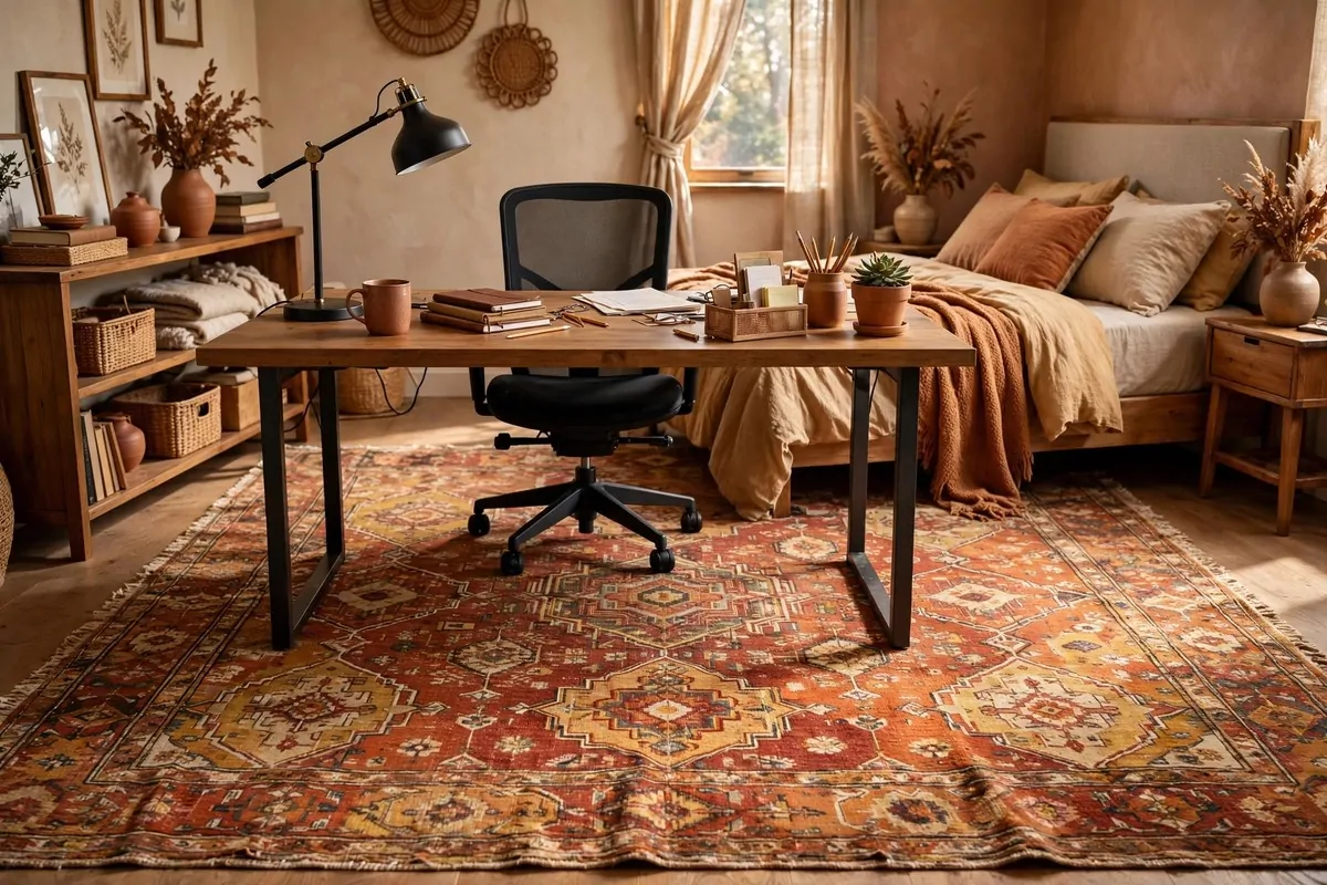 Large patterned area rug under a desk and chair defining the work zone in a bedroom office