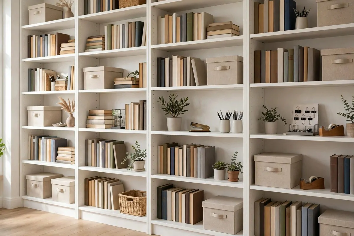 Floor-to-ceiling white shelves filled with books, storage boxes and office supplies in a home office