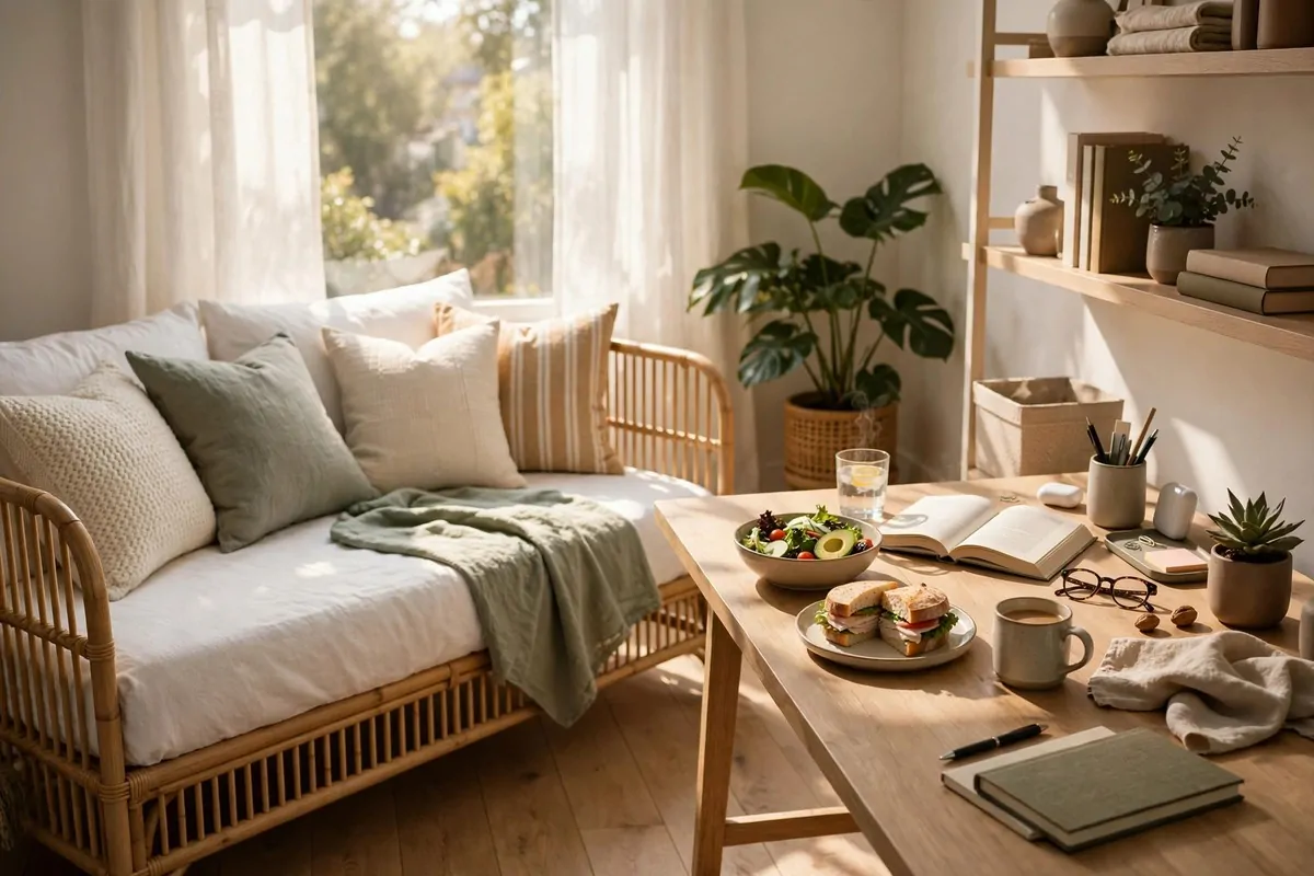 Sunlit daybed styled with pillows near a desk, used as a lunch and reading spot