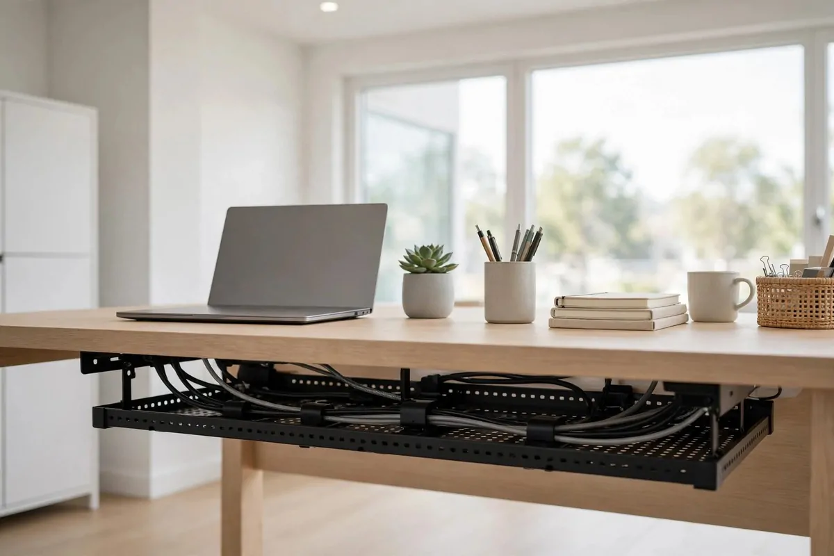 Back view of a tidy desk with a mounted cable tray hiding all wires underneath