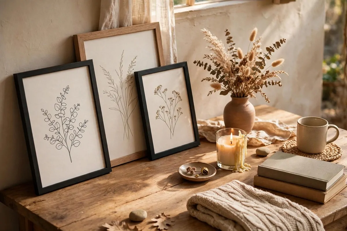 Desk styled with framed family photos, a small vase of dried flowers and a candle, warm daylight