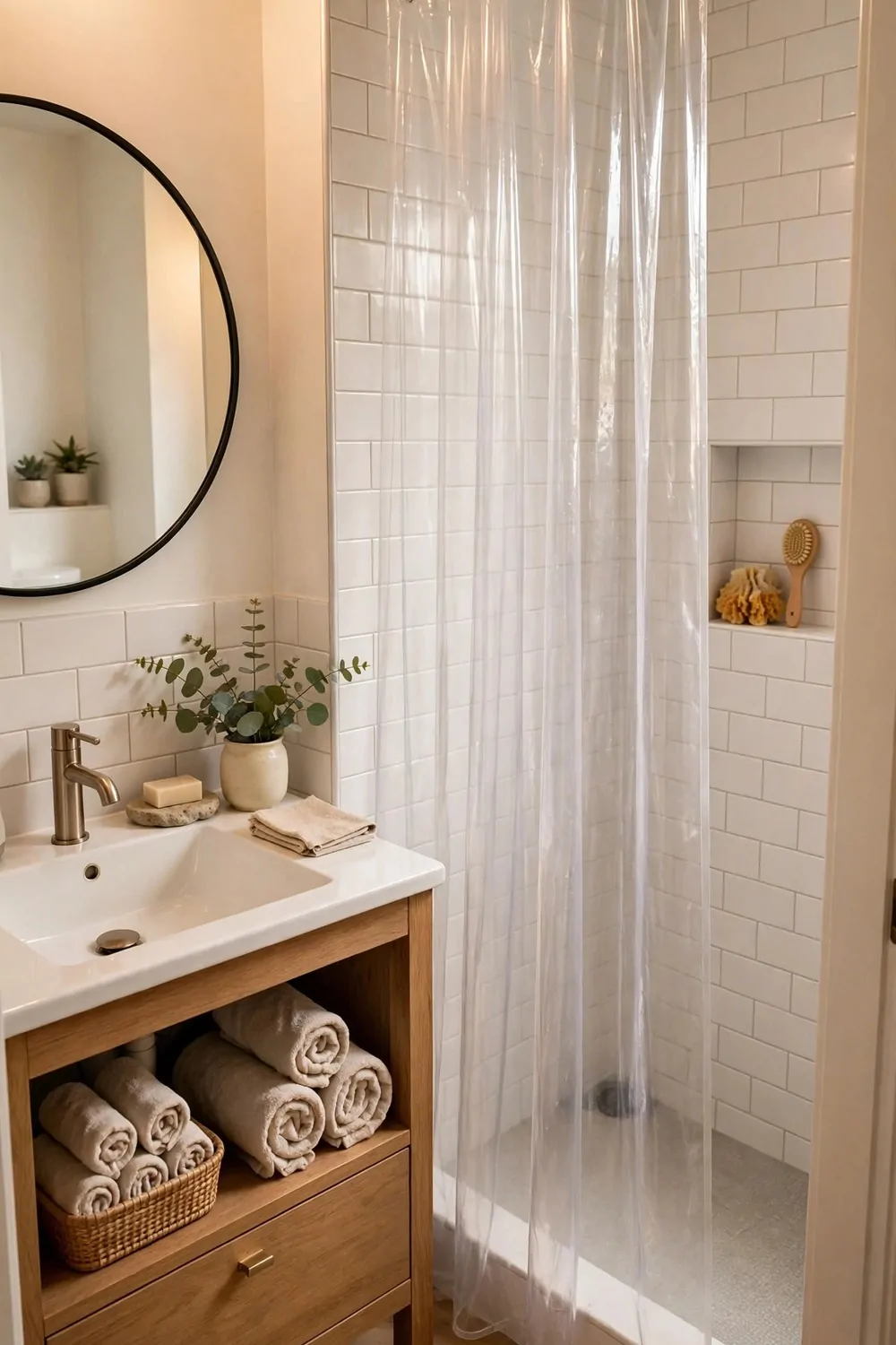 A clear shower curtain in a small bright bathroom, warm light, tidy and calm