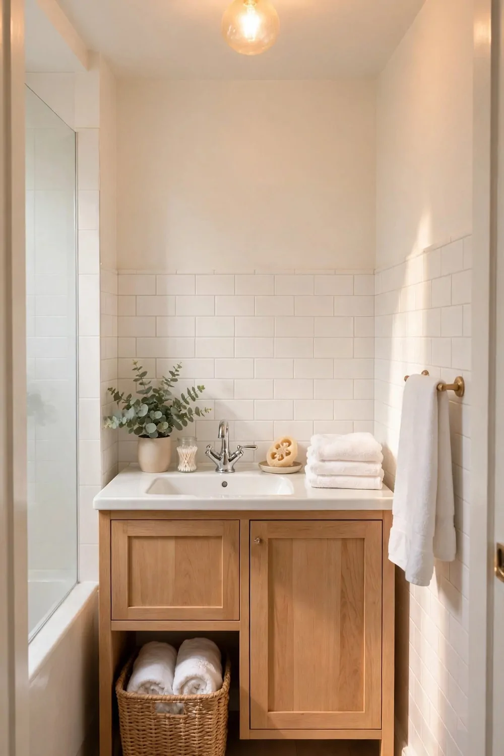 A warm ceiling light glowing in a small bright bathroom, soft light, tidy and calm