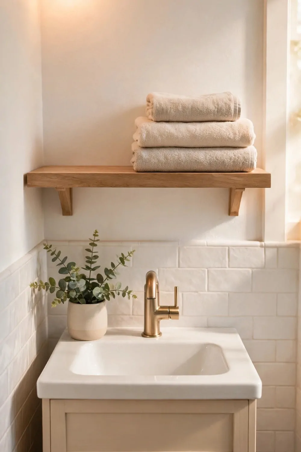 A floating wooden shelf above a small bathroom sink with folded towels, warm light, tidy