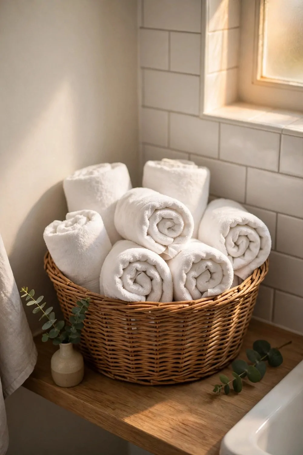Rolled white towels in a woven basket in a small bathroom, warm light, tidy and calm