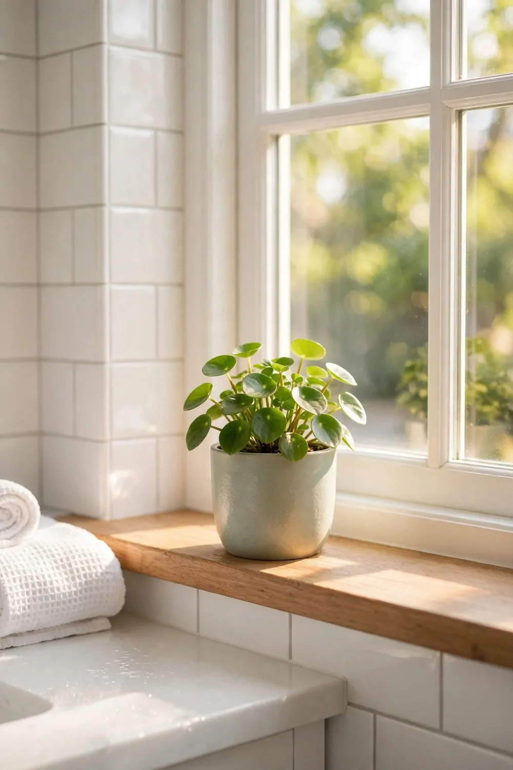 A small green plant on a bright bathroom windowsill, warm light, fresh and calm