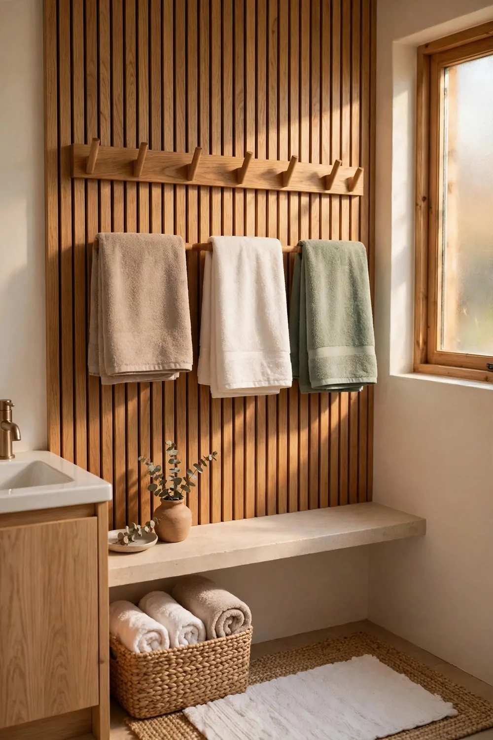 Wooden wall hooks with folded towels hanging in a small bathroom, warm light, tidy and calm